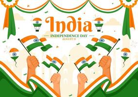 contento independencia día India ilustración en 15 agosto con el indio bandera en un nacional fiesta plano dibujos animados estilo antecedentes vector