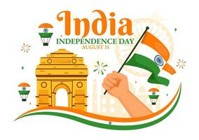 contento independencia día India ilustración en 15 agosto con el indio bandera en un nacional fiesta plano dibujos animados estilo antecedentes vector