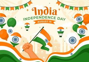 contento independencia día India ilustración en 15 agosto con el indio bandera en un nacional fiesta plano dibujos animados estilo antecedentes vector