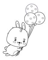 Cute bunny flies with balloons. Animal outline kawaii character. illustration. Line drawing, coloring book. Kids collection. vector