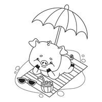 Happy summer piglet sunbathing resting on beach towel under sun umbrella. Cute outline animal cartoon character. Line drawing, coloring book. illustration. Kids collection. vector