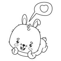 Funny outline enamored lying rabbit with heart. Cute happy kawaii animal character. Line drawing, coloring book. Kids collection vector