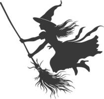 Silhouette witch flies on a magic broomstick black color only vector