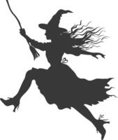 Silhouette witch in action full body black color only vector