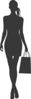 Silhouette Woman with Shopping bag full body black color only vector