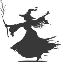 Silhouette witch in action full body black color only vector