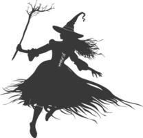 Silhouette witch in action full body black color only vector
