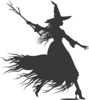 Silhouette witch in action full body black color only vector
