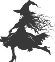 Silhouette witch in action full body black color only vector