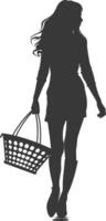 Silhouette women with Shopping basket full body black color only vector