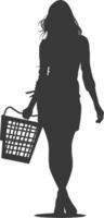 Silhouette women with Shopping basket full body black color only vector