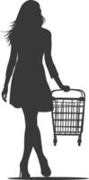 Silhouette women with Shopping basket full body black color only vector