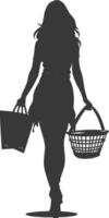 Silhouette women with Shopping basket full body black color only vector