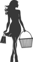 Silhouette women with Shopping basket full body black color only vector