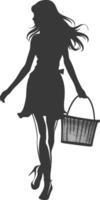 Silhouette women with Shopping basket full body black color only vector