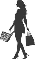 Silhouette women with Shopping basket full body black color only vector