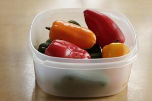 mini bell peppers, red, green, yellow photo