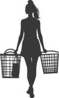 Silhouette women with Shopping basket full body black color only vector