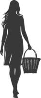 Silhouette women with Shopping basket full body black color only vector