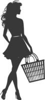 Silhouette women with Shopping basket full body black color only vector