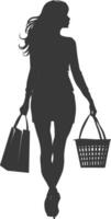 Silhouette women with Shopping basket full body black color only vector