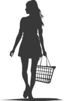 Silhouette women with Shopping basket full body black color only vector