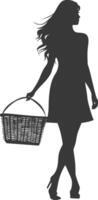 Silhouette women with Shopping basket full body black color only vector