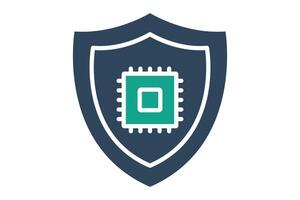 computer security icon. cpu with shield. icon related to information technology. solid icon style. technology element illustration vector