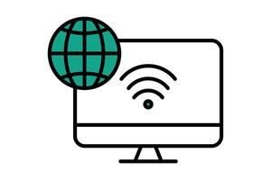 information technology icon. computer with earth and wifi. icon related to information technology. flat line icon style. technology element illustration vector