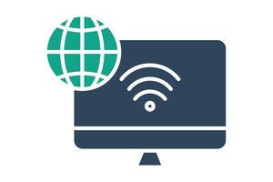 information technology icon. computer with earth and wifi. icon related to information technology. solid icon style. technology element illustration vector