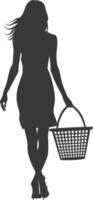 Silhouette women with Shopping basket full body black color only vector