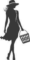 Silhouette women with Shopping basket full body black color only vector