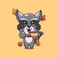 Cute raccoon with coffee in autumn season vector