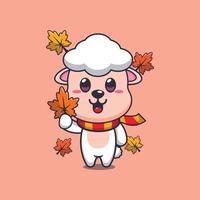 Cute sheep holding autumn leaf vector