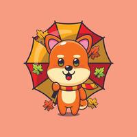 linda shiba inu con paraguas a otoño temporada vector