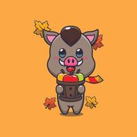 Cute boar holding a apple in wood bucket vector