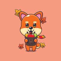 Cute shiba inu holding a apple in wood bucket vector