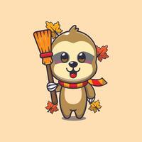 Cute autumn sloth holding broom vector