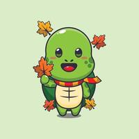 Cute turtle holding autumn leaf vector