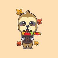 Cute sloth holding a apple in wood bucket vector