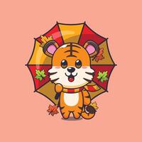 Cute tiger with umbrella at autumn season vector