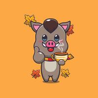 Cute boar with coffee in autumn season vector