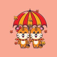 Cute couple tiger with umbrella at autumn season vector