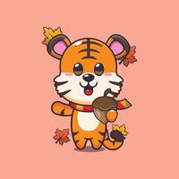 Cute tiger with acorns at autumn season vector