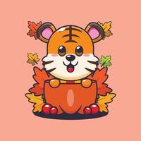 Cute tiger in a pumpkin at autumn season vector