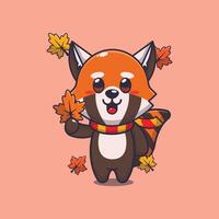 Cute red panda holding autumn leaf vector