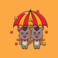 Cute couple boar with umbrella at autumn season vector