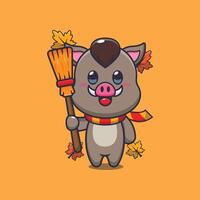 Cute autumn boar holding broom vector