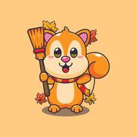 Cute autumn squirrel holding broom vector