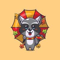 Cute raccoon with umbrella at autumn season vector